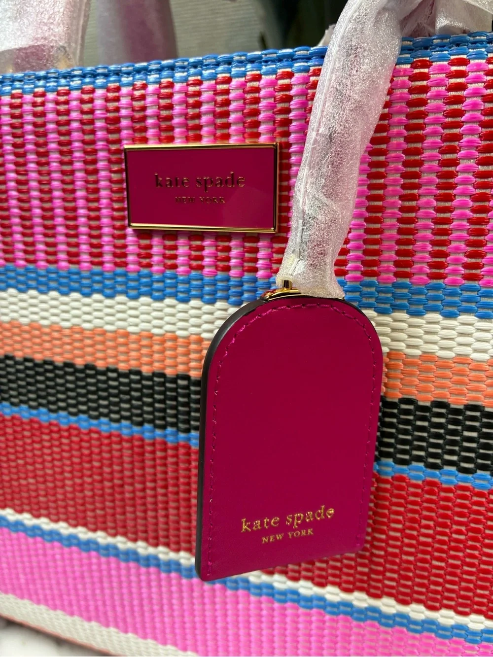 Kate Spade Wild Raspberry Striped Woven Manhattan Satchel - NWT $398 Retail